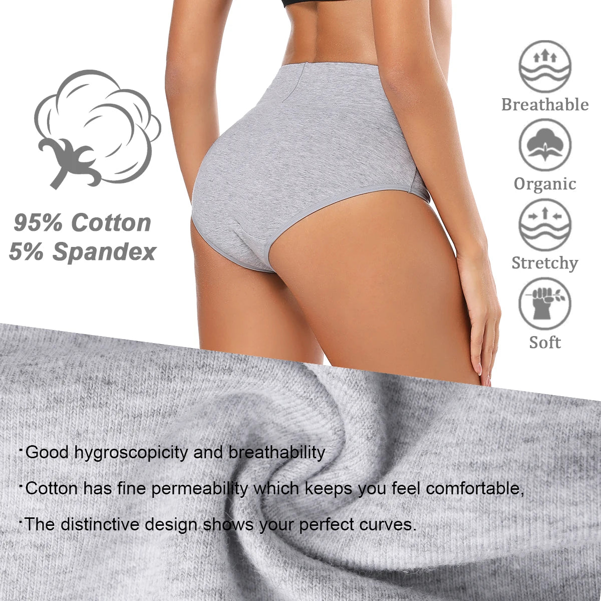 Conjunto de 5 bragas de algodón para mujer, ropa interior sin costuras, cintura alta, cobertura total, transpirables, talla grande