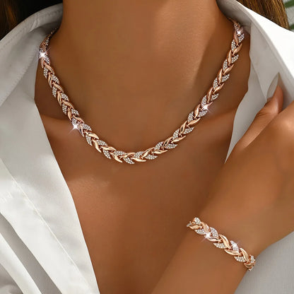 2PCS Elegant Design Glass Rhinestone Chain Fish Tail Necklace with Matching Bracelet for Women Luxury Jewelry Set Fashion Style