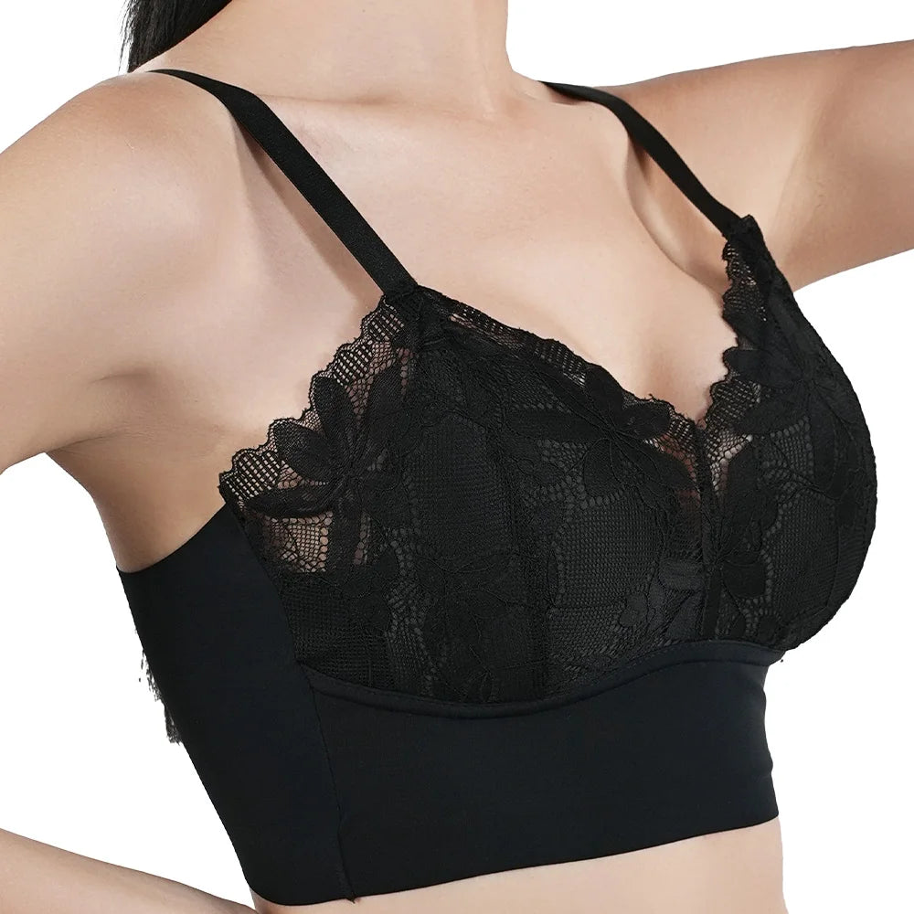 Sujetador de encaje sexy de talla grande para mujer, cómodo, transpirable, con espalda descubierta, ropa interior deportiva sin costuras, bralette con pecho fruncido.